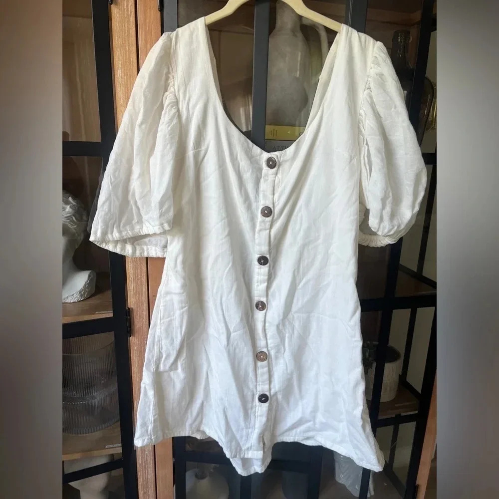 Jen’s pirate booty linen mini dress button down short sleeve tie off shoulder